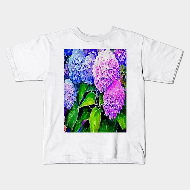 pink blue purple hydrangea flowers Kids T-Shirt by Banyu_Urip